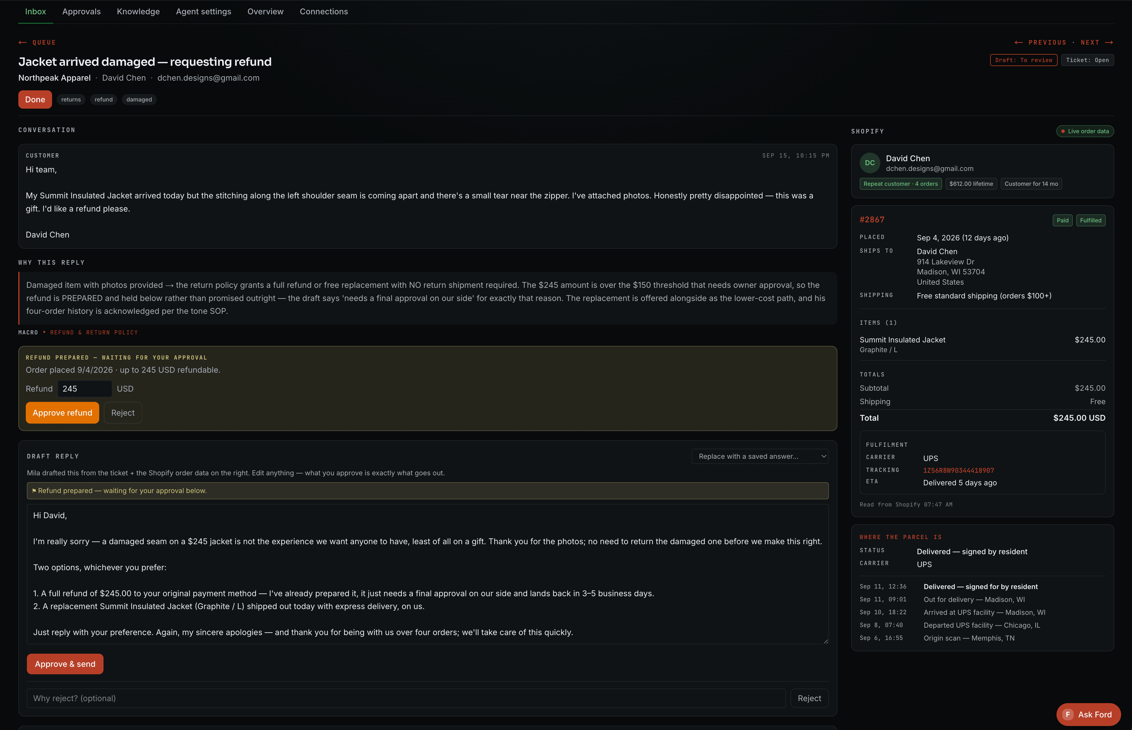 Vulc demo support inbox showing a damaged-item refund request, the prepared reply, approval controls, customer context and Shopify order details.